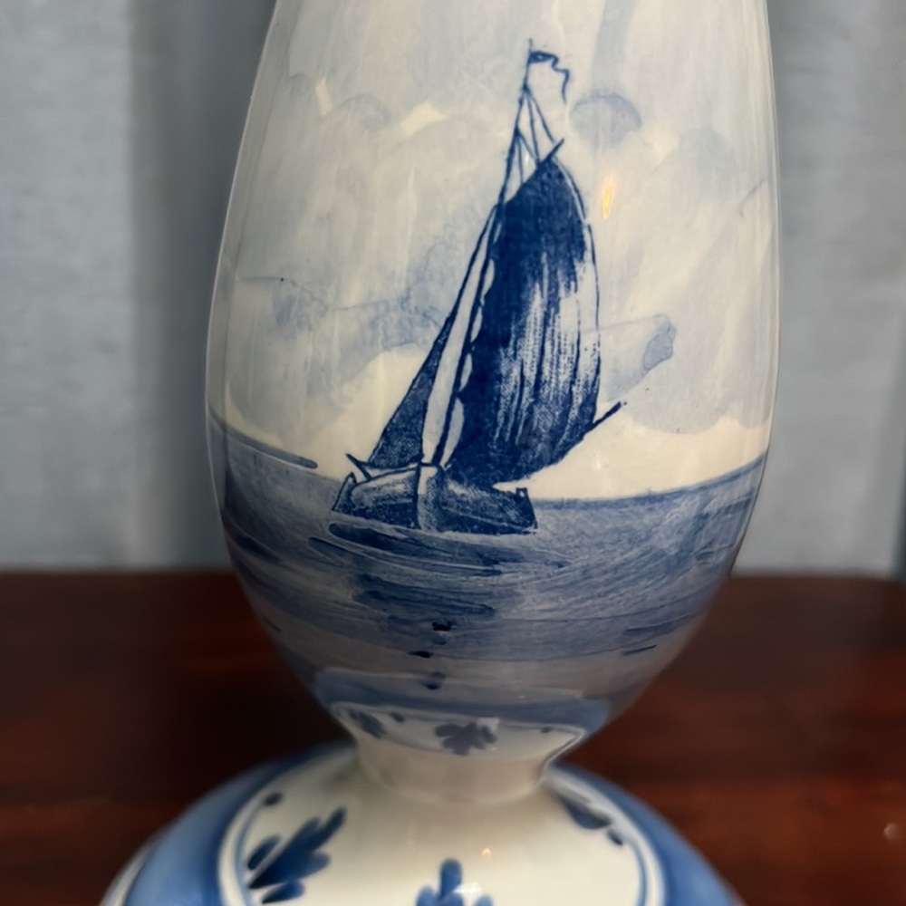 Tall Slender Blue Delft Bud Vase w/ Windmill on one side, Sailboat on the other - Picture 3 of 14